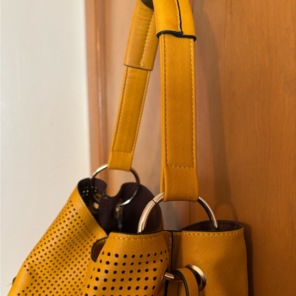 Beautiful Yellow Perforated Leather Tote Bag with matching zip pouch - Picture 3 of 7